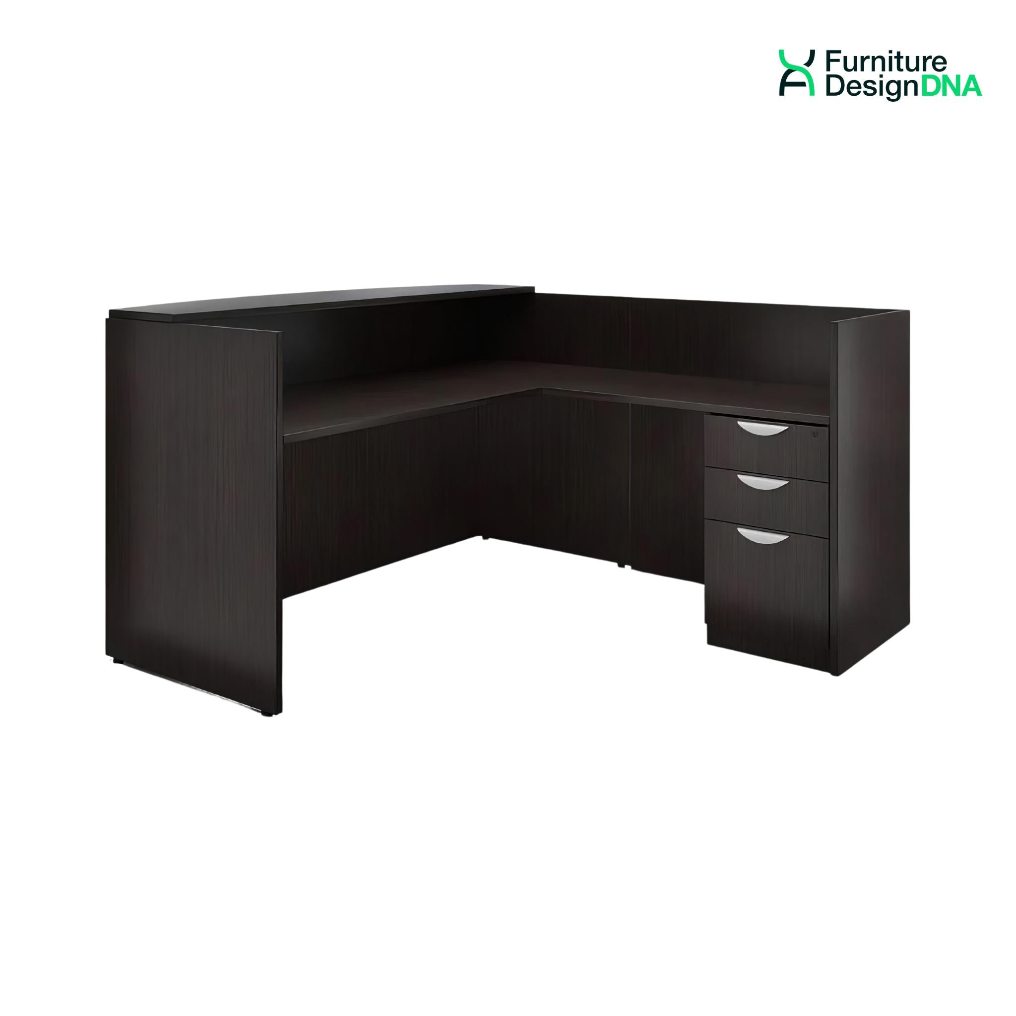 Buy espresso L Shape Reception Desk with BBF Pedestal